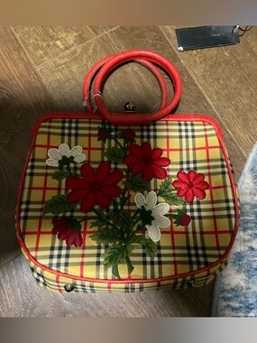 Isabella Fiore Floral Embroidered Plaid Tote Bag in Yellow and Red